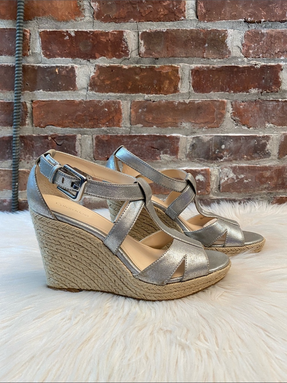 Calvin Klein Silver Wedge Espadrilles Sandals, Size 8M
